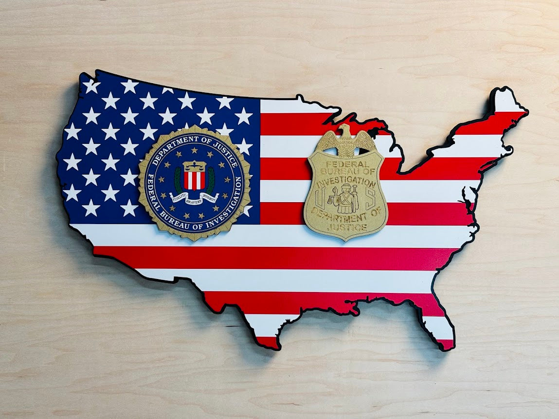 USA-USA Shaped Wood Flag w/ Seal & Badge