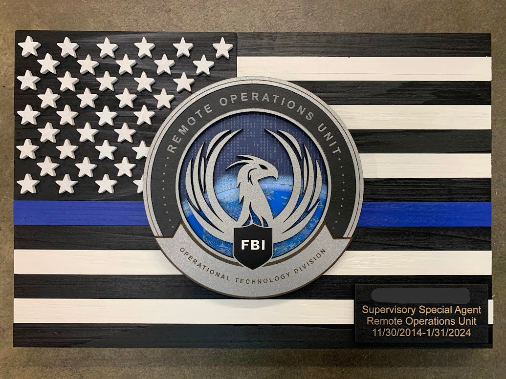 Thin Blue Line Wood Flag with FBI Remote Operations Unit Emblem
