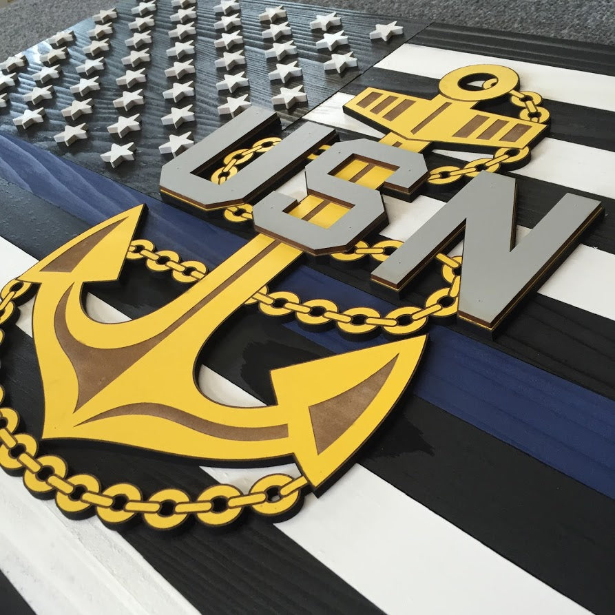 Thin Blue Line Navy Chief Wood Flag