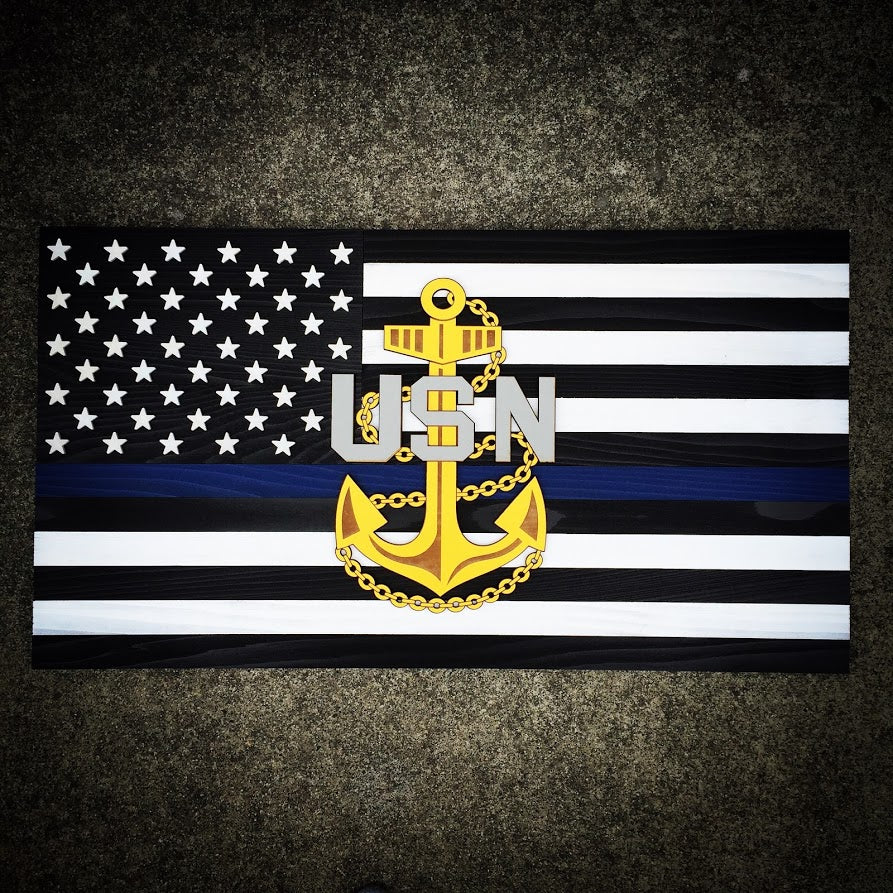 Custom Thin Blue Line Navy Chief Wood Flag
