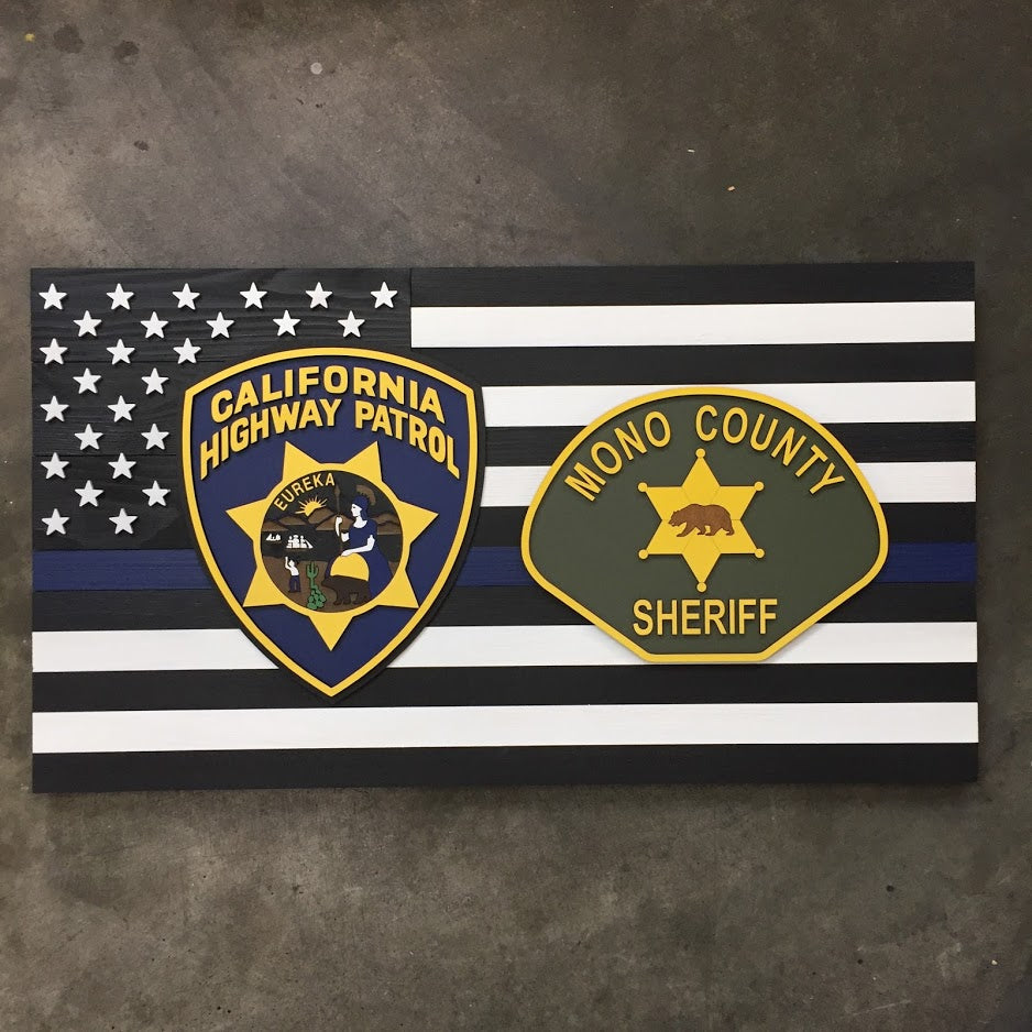 Thin Blue Line w/Two Custom Badges Wood Flag