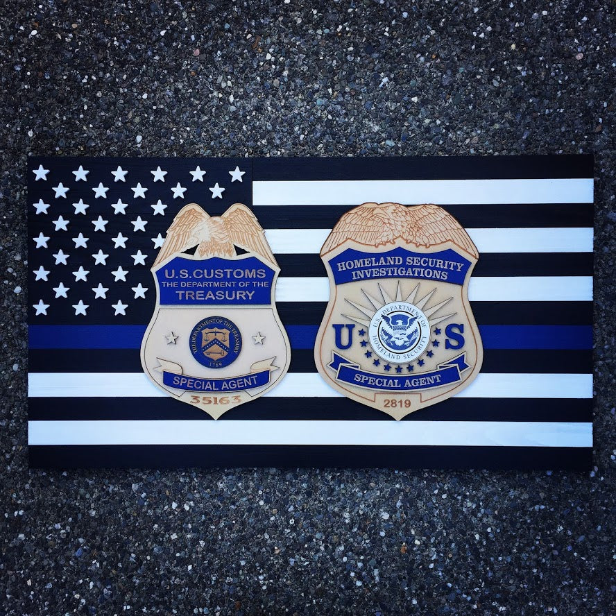 Thin Blue Line w/Two Custom Badges Wood Flag