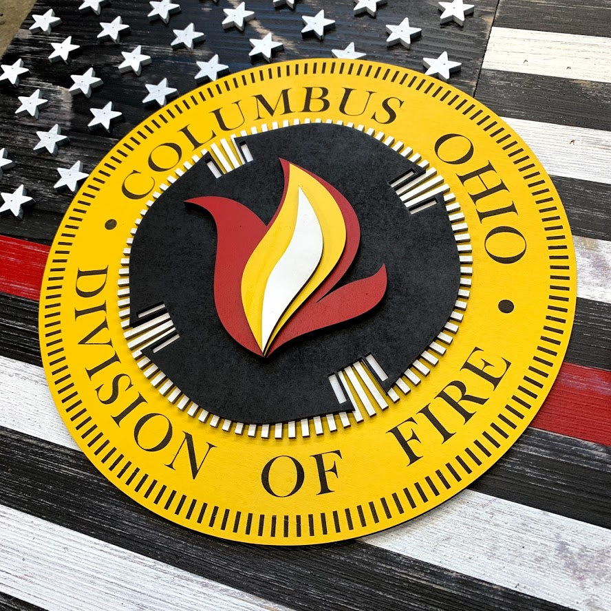 Thin Red Line Wood Flag w/Custom Wooden Badge by Patriot Wood