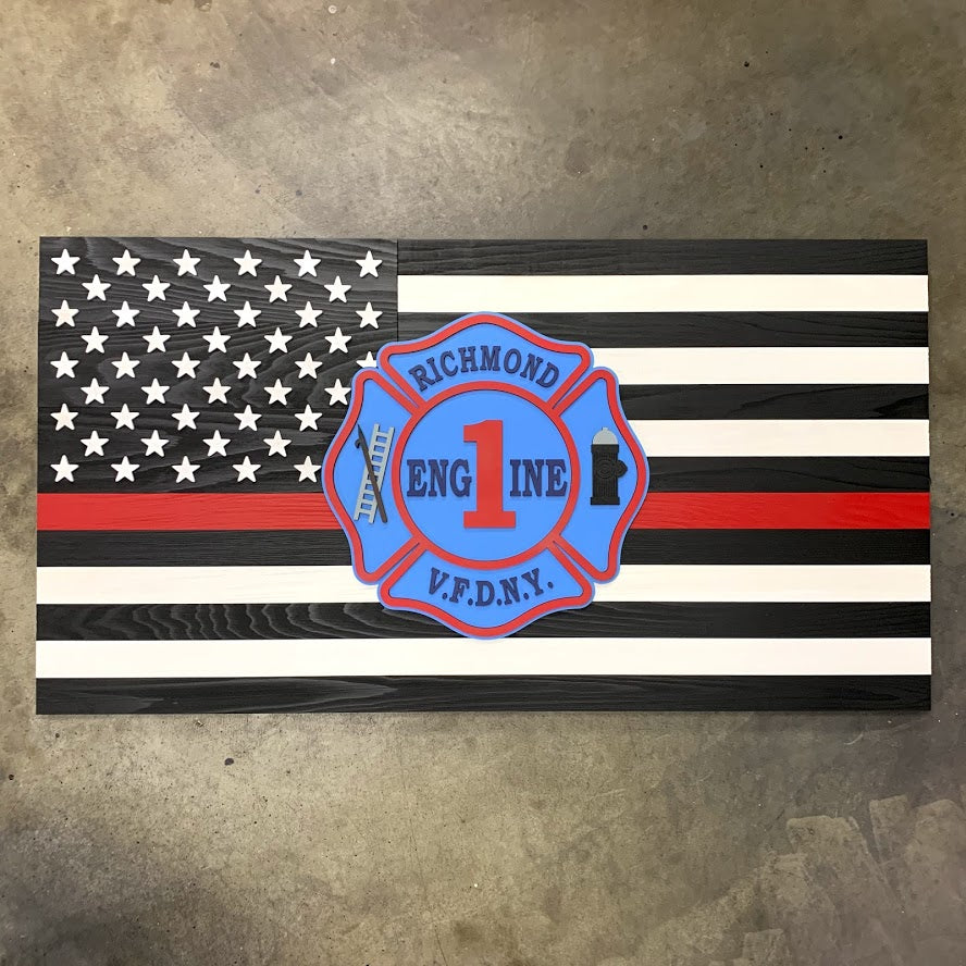 Thin Red Line Wood Flag w/Custom Wooden Badge by Patriot Wood