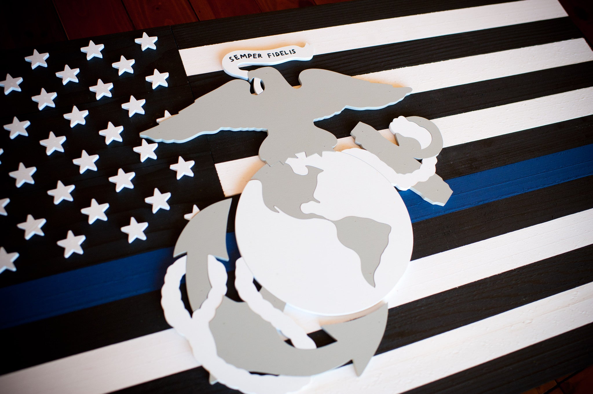 Thin Blue Line Marines Wooden Flag by Patriot Wood