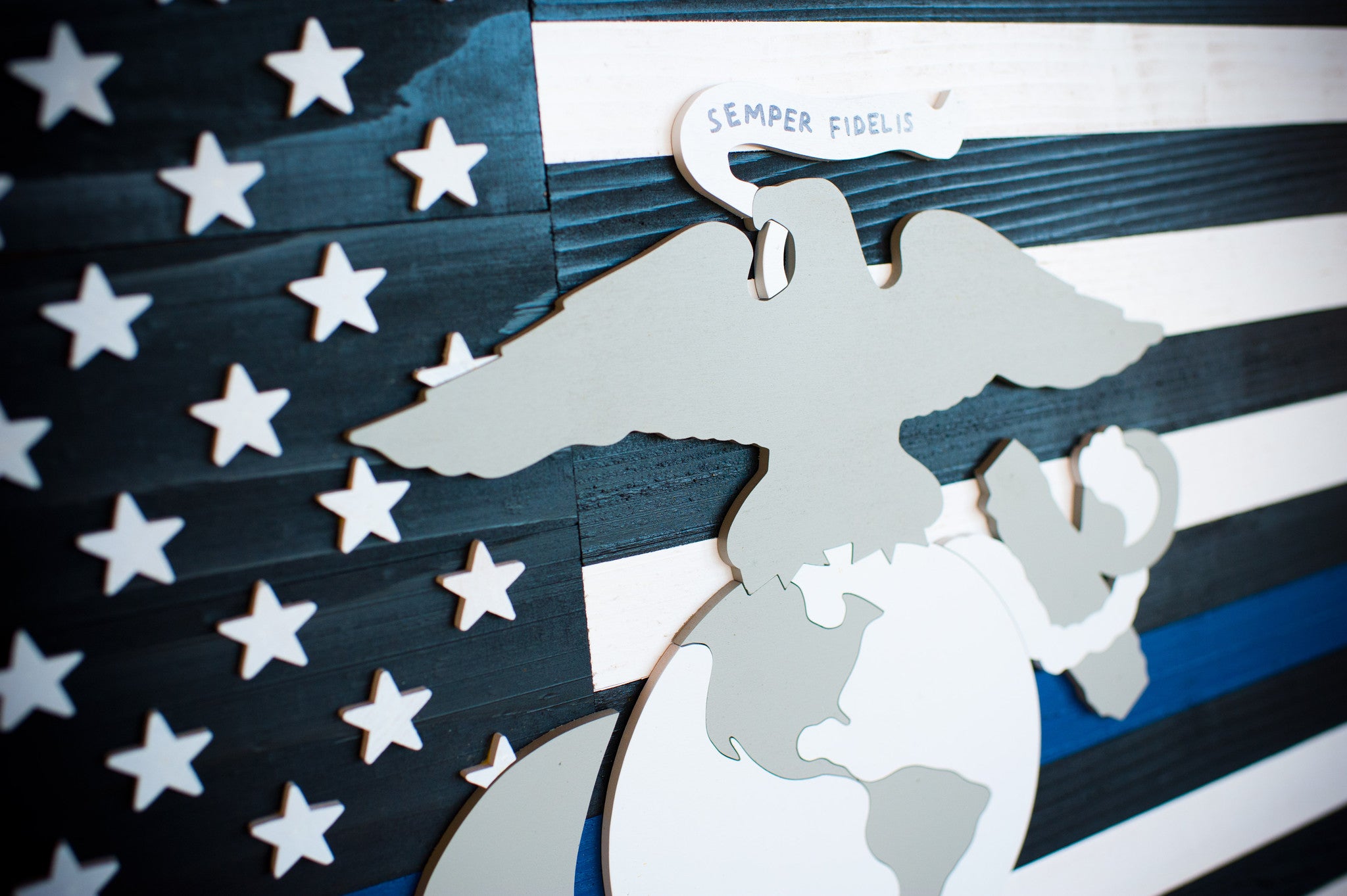 Thin Blue Line Marines Wooden Flag by Patriot Wood