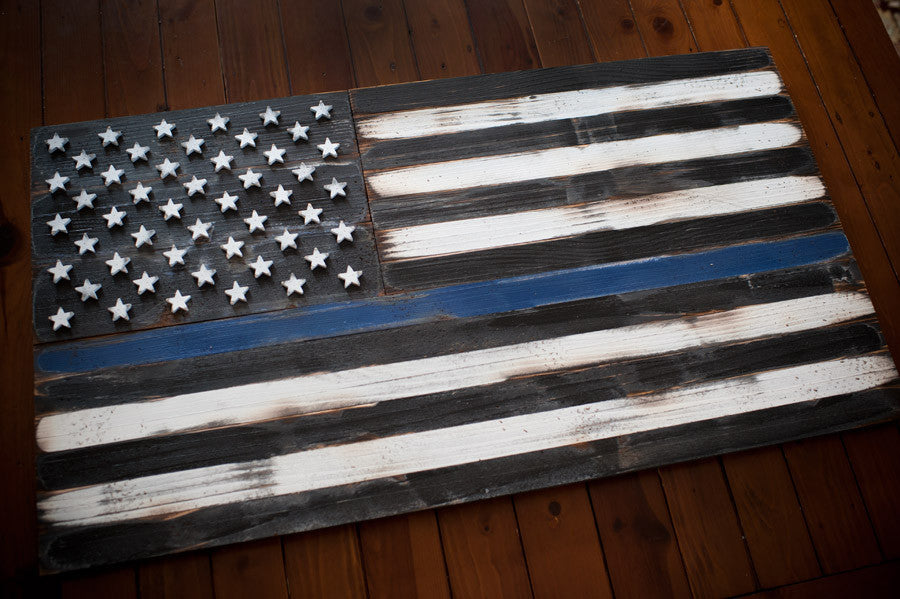 Thin Blue Line Vintage Wooden Flag by Patriot Wood