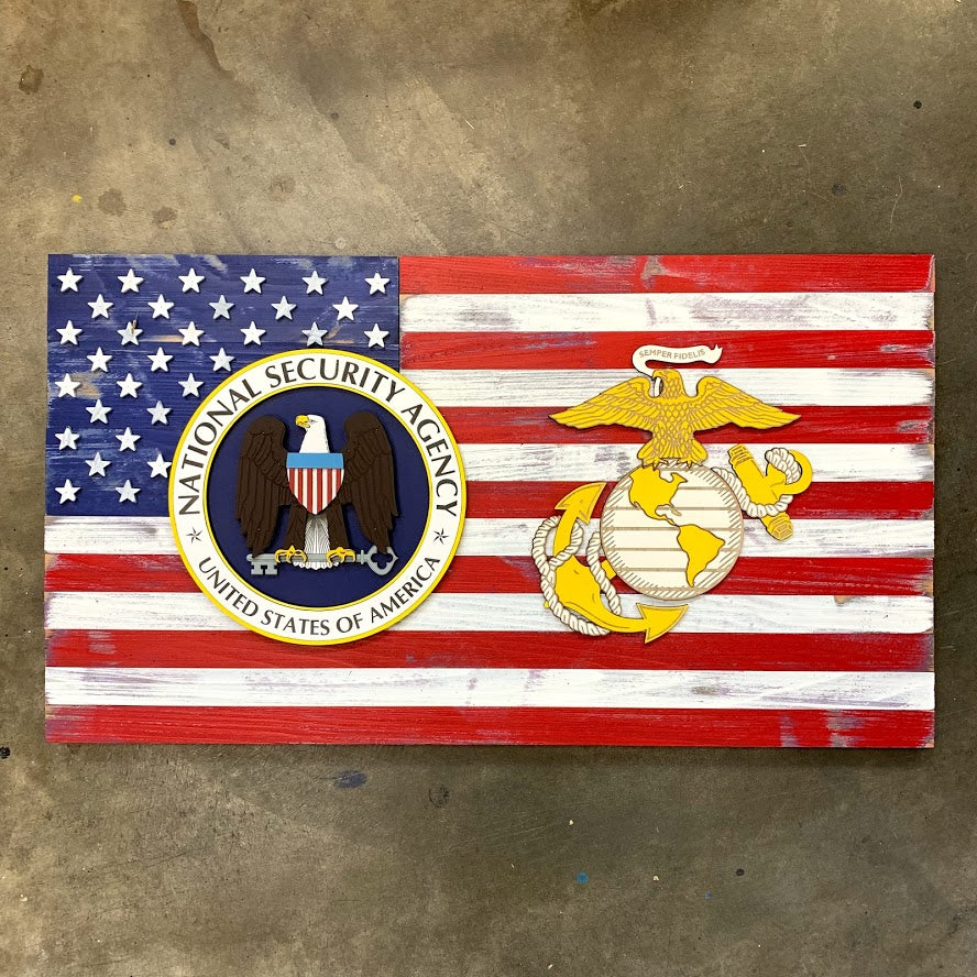 USA w/ Two Custom Badges Wood Flag