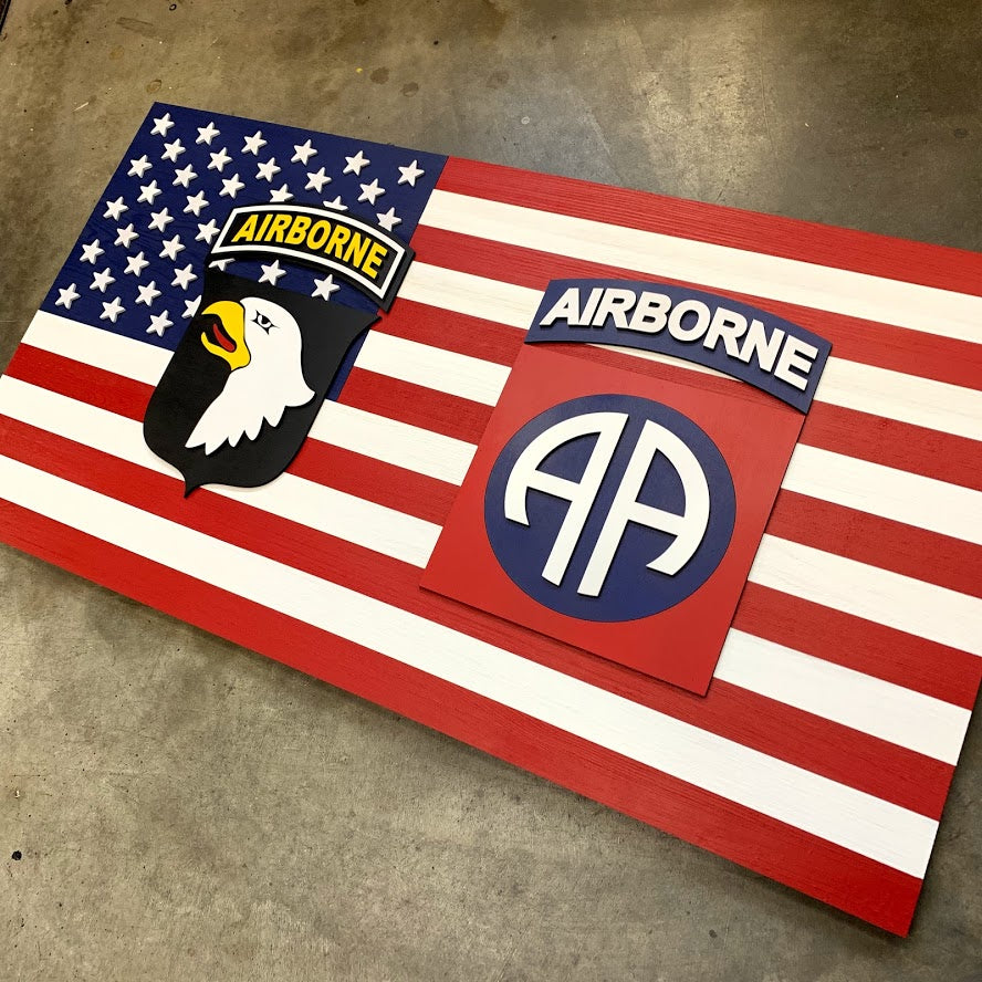 USA w/ Two Custom Badges Wood Flag