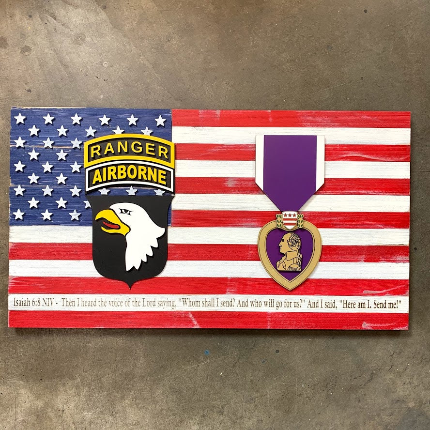 USA w/ Two Custom Badges Wood Flag