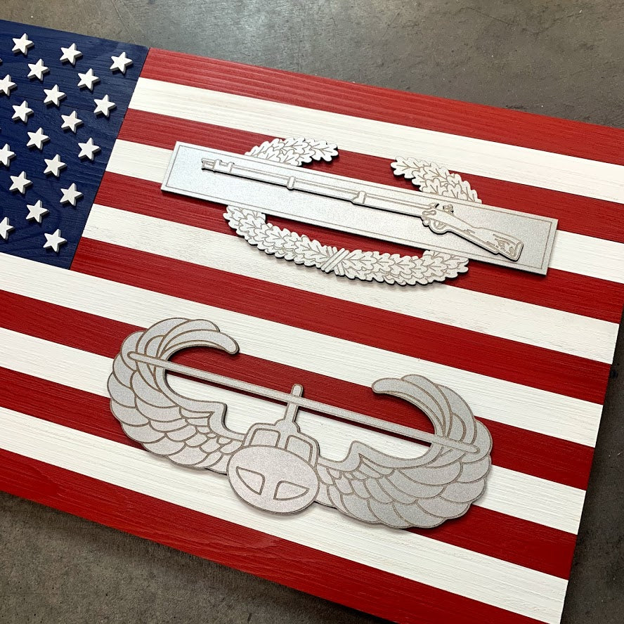 USA w/ Two Custom Badges Wood Flag