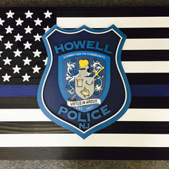 Thin Blue Line w/Two Custom Badges Wood Flag