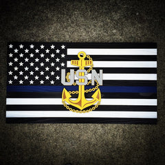Custom Thin Blue Line Navy Chief Wood Flag
