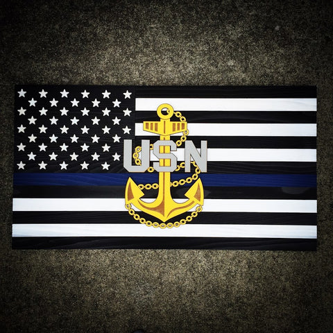 Thin Blue Line Navy Chief Wood Flag