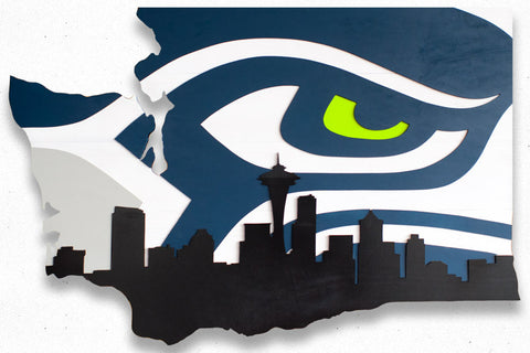 Washington State wooden cutout with Seahawk and Seattle Skyline by Patriot Wood