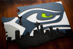 Washington State wooden cutout with Seahawk and Seattle Skyline by Patriot Wood