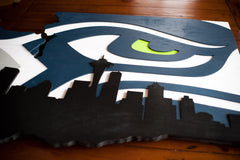 Washington State wooden cutout with Seahawk and Seattle Skyline by Patriot Wood