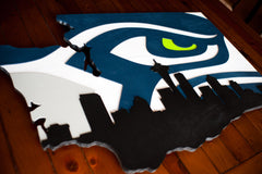 Washington State wooden cutout with Seahawk and Seattle Skyline by Patriot Wood