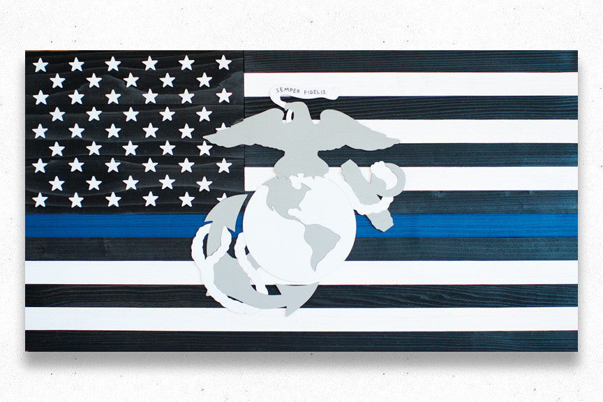 Thin Blue Line Marines Wooden Flag by Patriot Wood