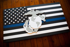 Thin Blue Line Marines Wooden Flag by Patriot Wood