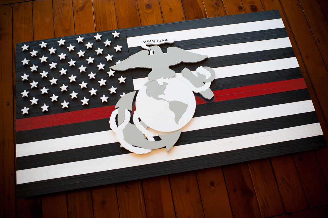 Thin Red Line Marines Wooden Flag by Patriot Wood