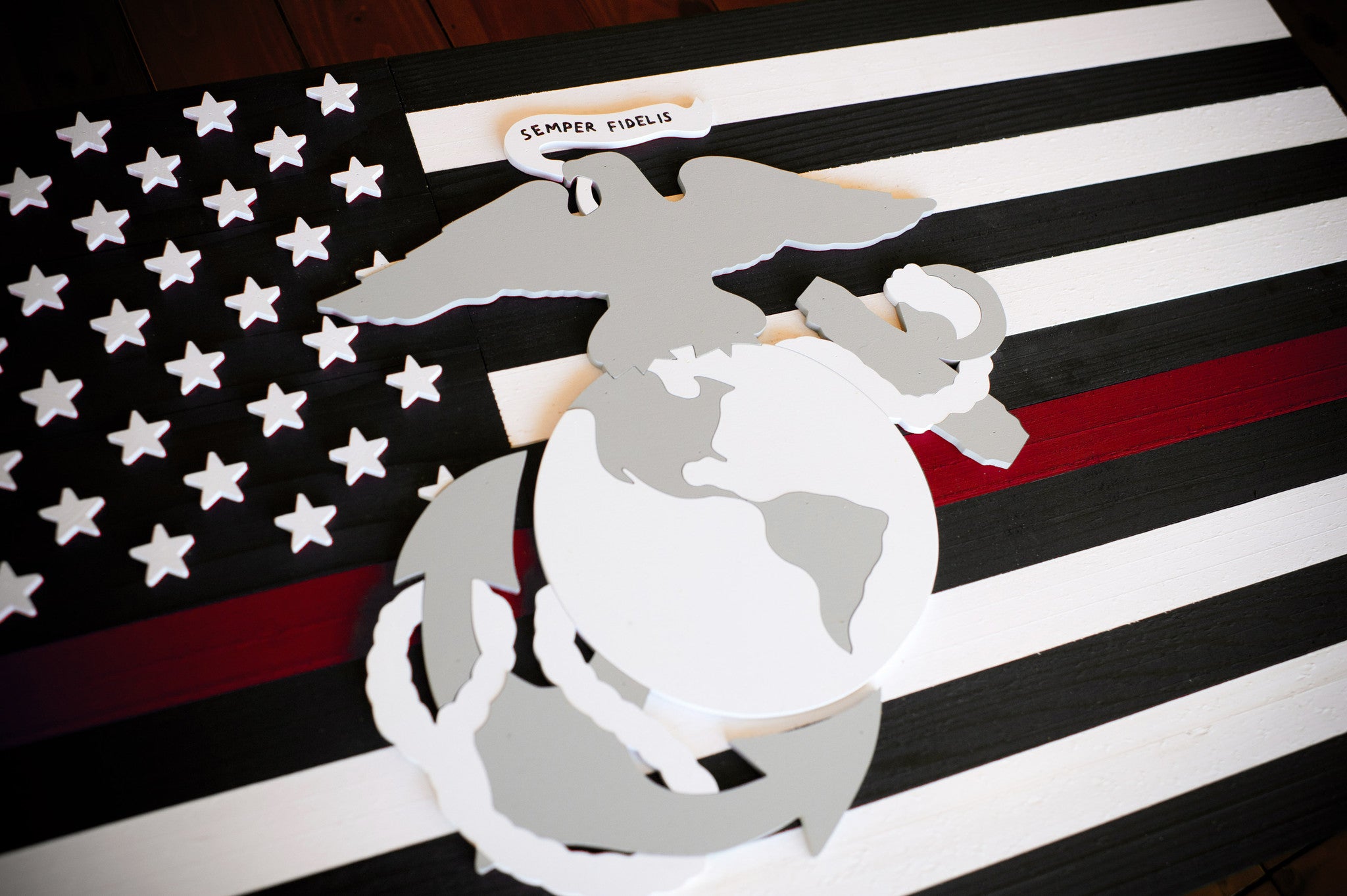 Thin Red Line Marines Wooden Flag by Patriot Wood