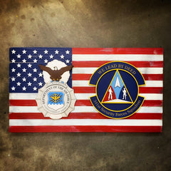 USA w/ Two Custom Badges Wood Flag