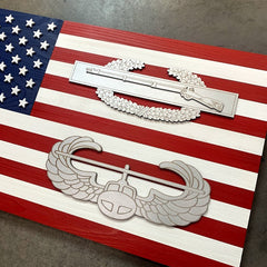 USA w/ Two Custom Badges Wood Flag