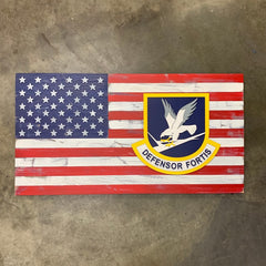 USA Wooden Flag with Custom Wood Badge Patch Logo
