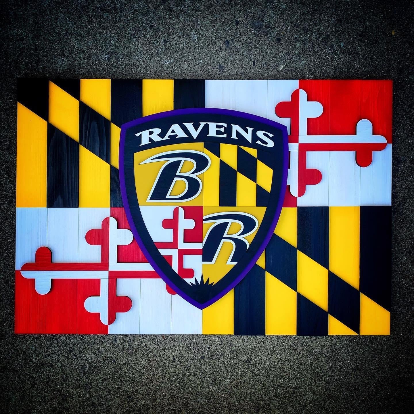 Maryland Wood Flag w/ Ravens Shield